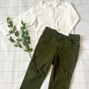 18-24M White Button Down Onesie and 24M Forest Green Pants